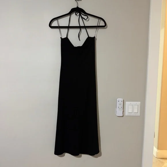 Reformation Black Ribbed Hilo Twist Dress with High Slit